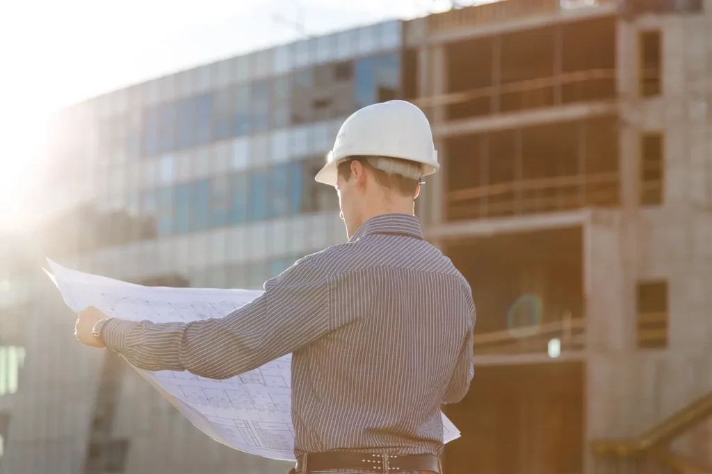 Bauleiter mit Plänen auf der Baustelle, von hinten fotografiert, Projektunterstützung der Schauff GmbH