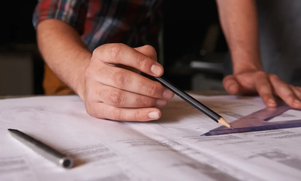 Hand mit Stift und Winkel über Bauplänen