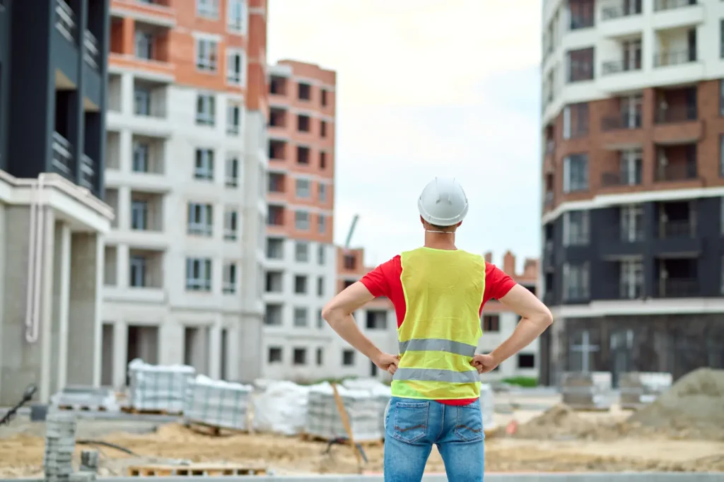 Fachperson mit Helm und Warnweste blickt auf eine Baustelle mit Neubauten