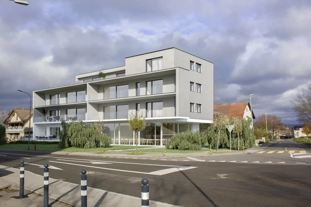 Boswilerhof an der Bahnhofstrasse 1 in Boswil, Aussenansicht von der Kreuzung