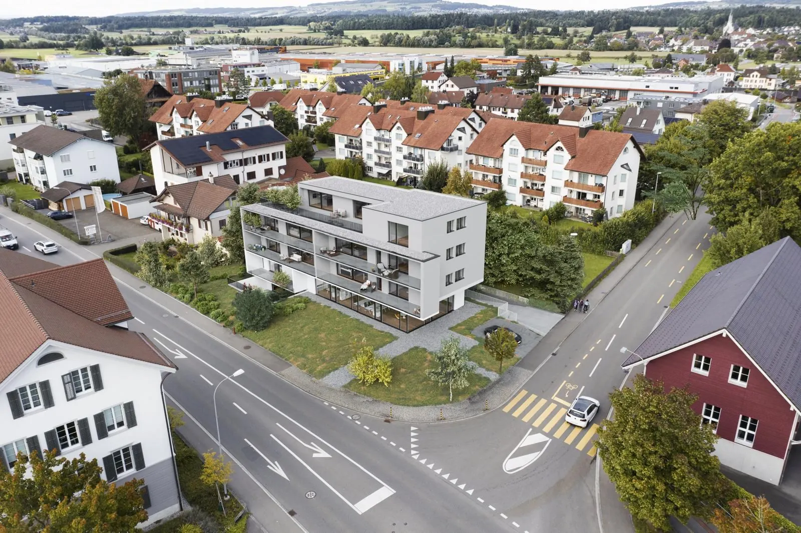 Luftbild von Boswil mit dem Boswilerhof, Beispiel für ein Wohnbauprojekt im Dorfzentrum