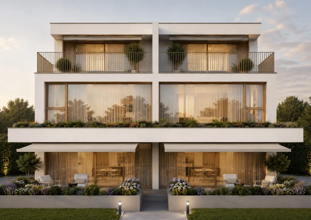 Visualisierung des Doppeleinfamilienhauses Stadtgarten an der Neumattstrasse in Baden in der Abendsonne