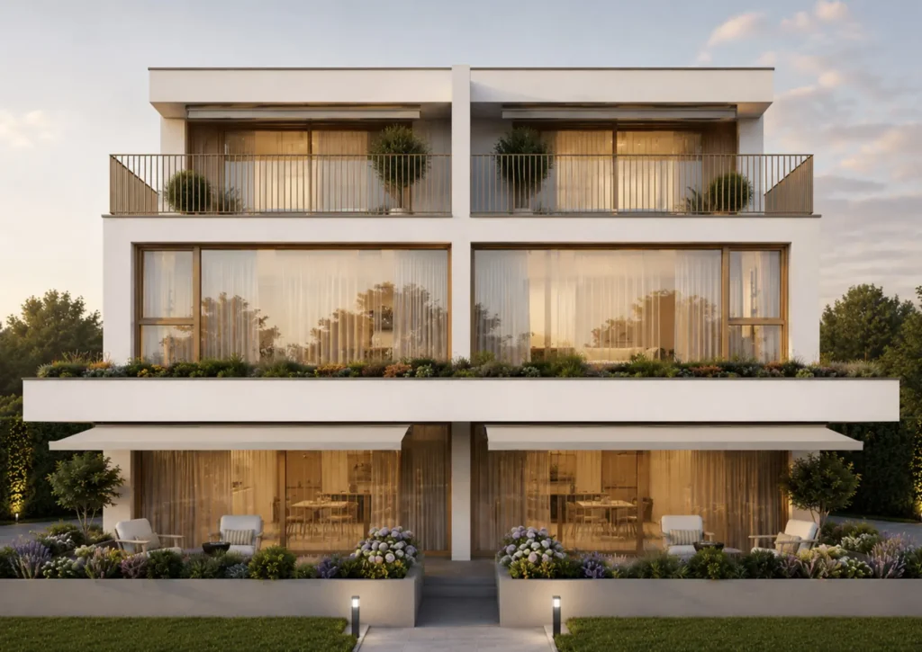 Stadtgarten in Baden, Doppeleinfamilienhaus in der Abendsonne
