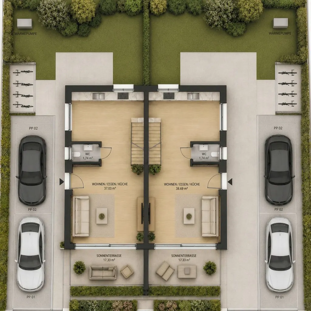 Stadtgarten Baden, Grundriss Erdgeschoss beider Häuser
